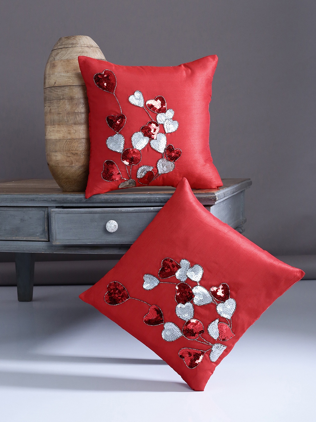 

Alina decor Red Set of 2 Embellished Square Cushion Covers