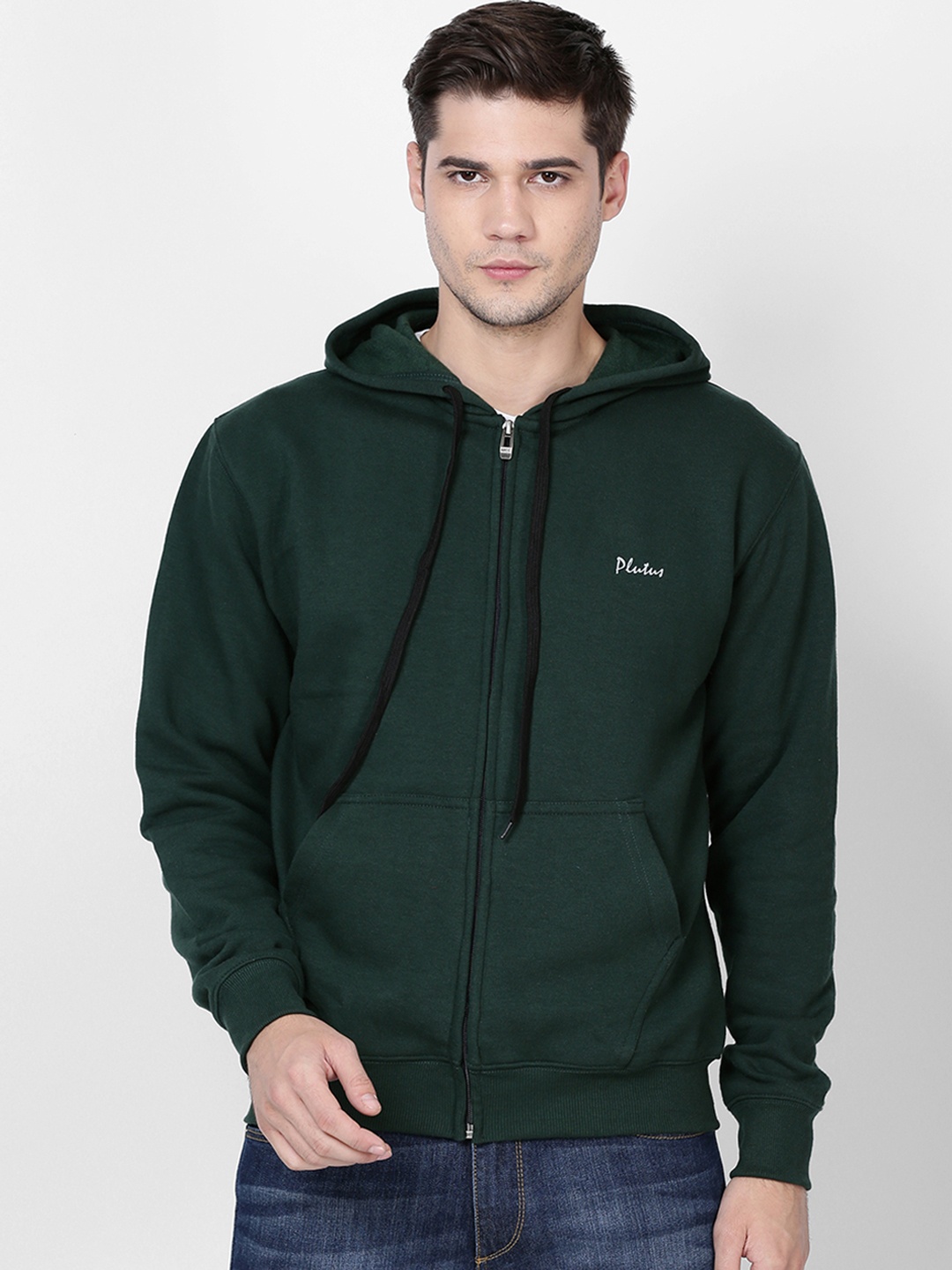 

Plutus Men Green Solid Hooded Sweatshirt
