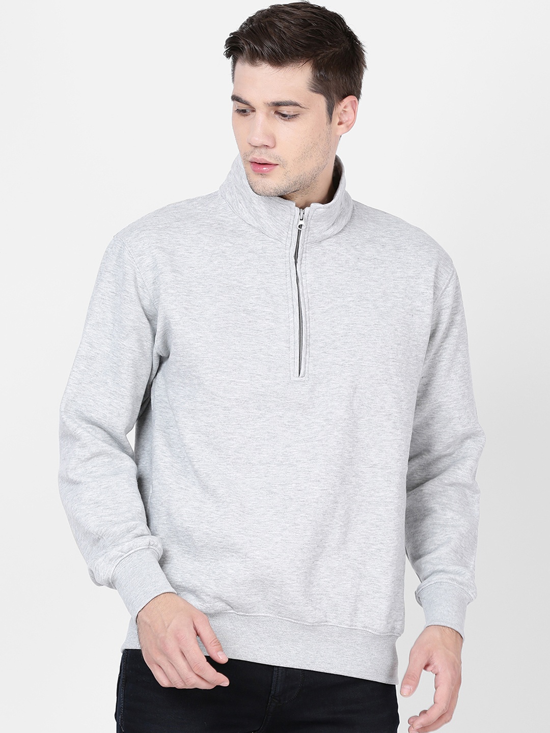 

Plutus Men Grey Melange Solid Sweatshirt