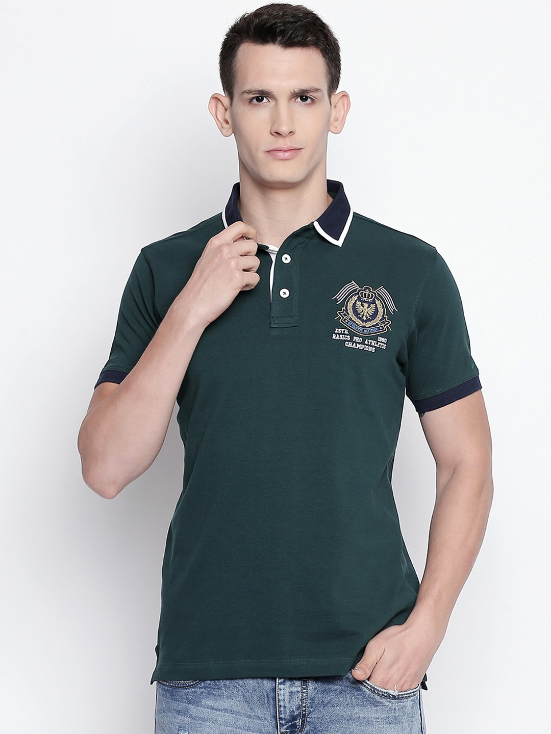 Basics Men Green Solid Polo Collar Pure Cotton T-shirt