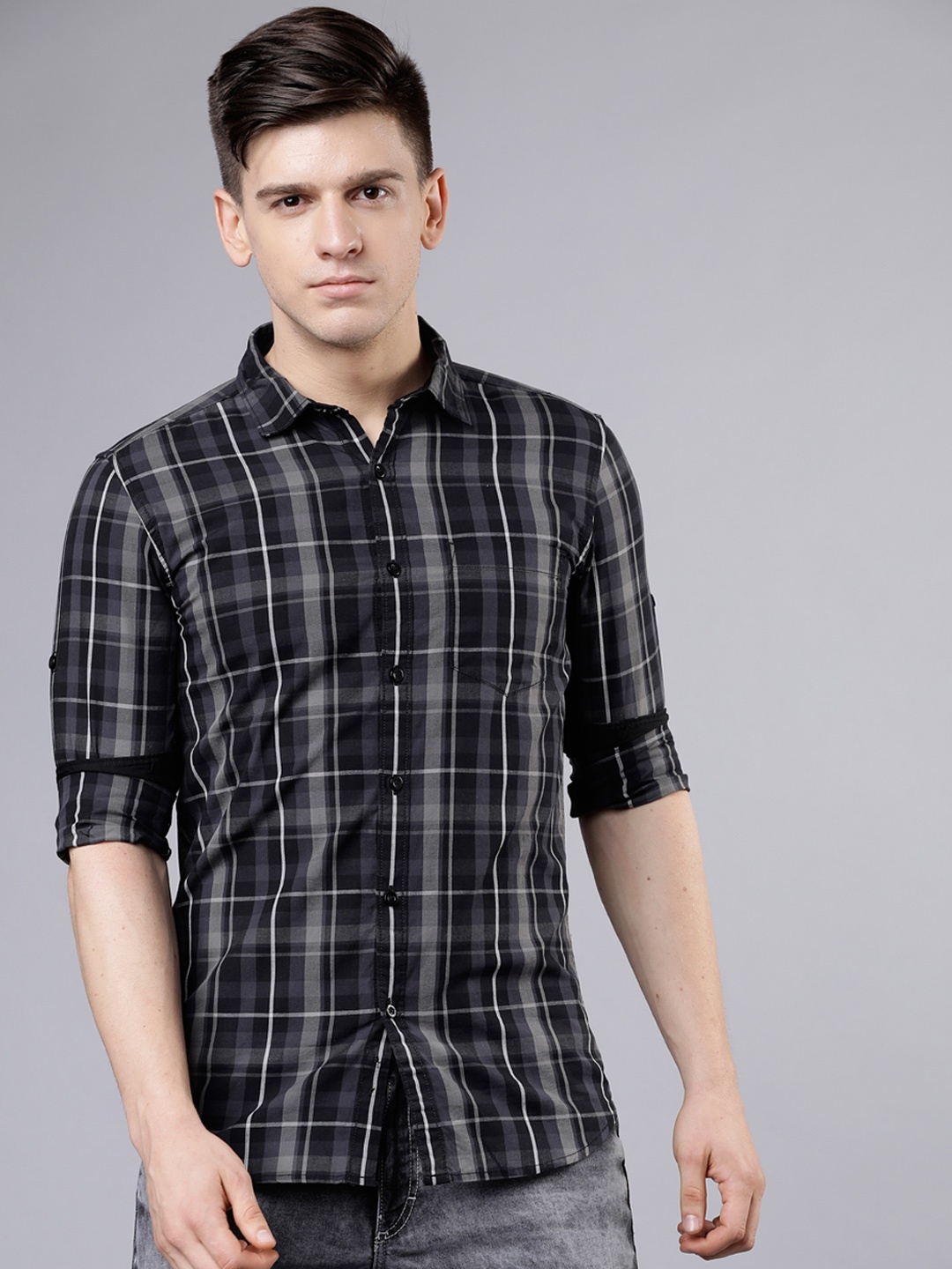 

HIGHLANDER Men Black & Grey Slim Fit Checked Casual Shirt