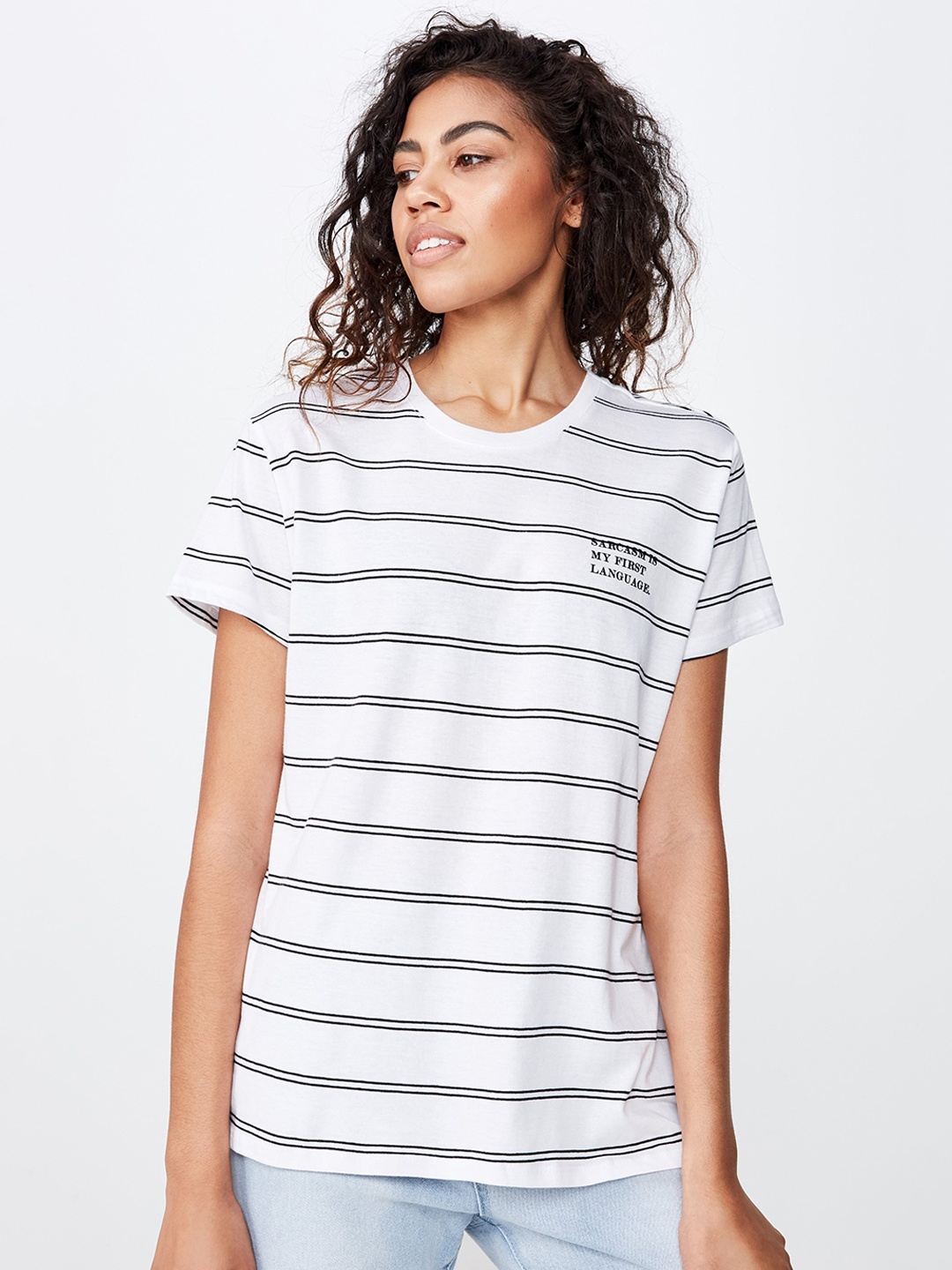 

COTTON ON Women White & Black Striped Round Neck T-shirt