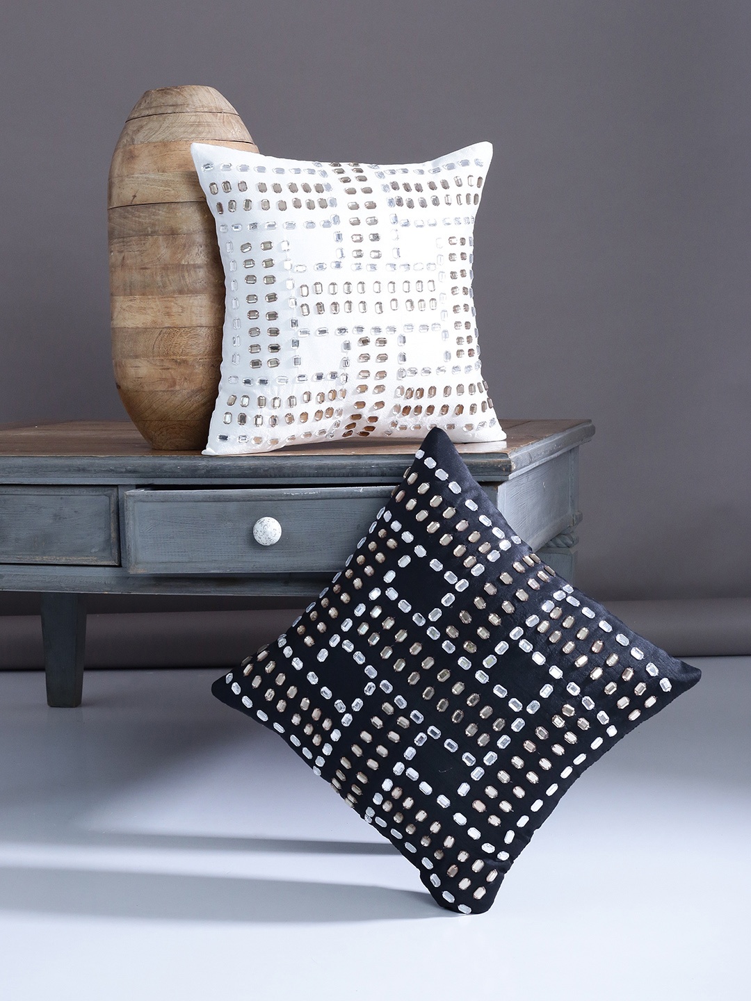 

Alina decor Set of 2 Embellished Square Cushion Covers, Black