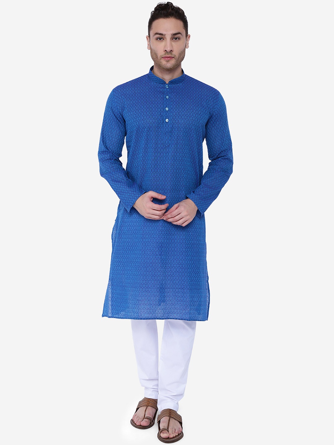 RAJUBHAI HARGOVINDAS Men Blue Printed Handloom Straight Kurta