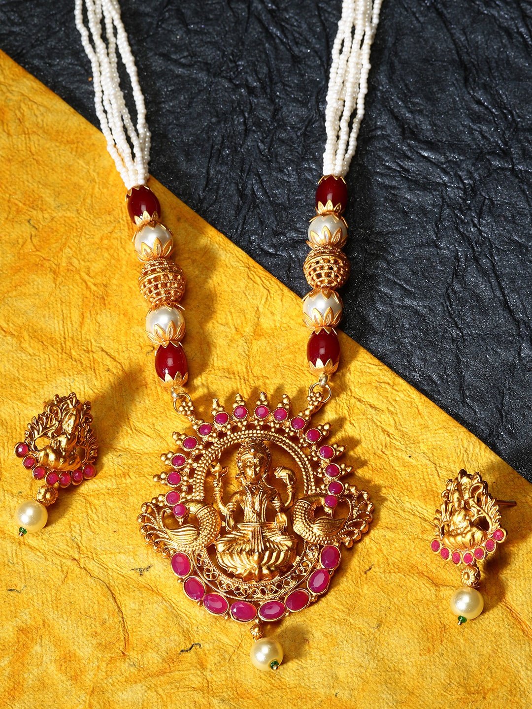

ANIKAS CREATION Gold-Plated & Red Stone-Studded Beaded Maa Laxmi Temple Jewellery Set