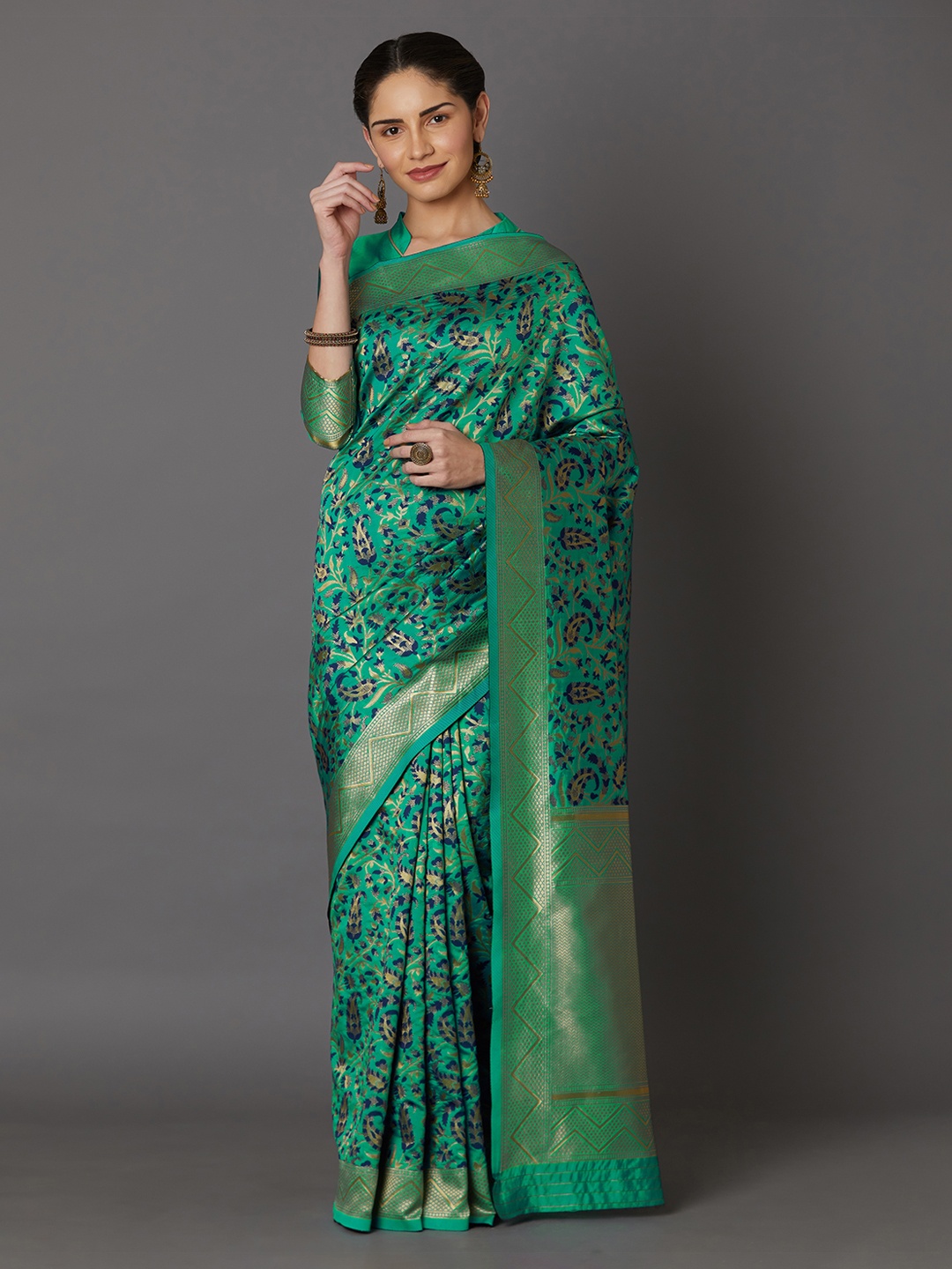 Mitera Teal Green Silk Blend Woven Design Kanjeevaram Saree