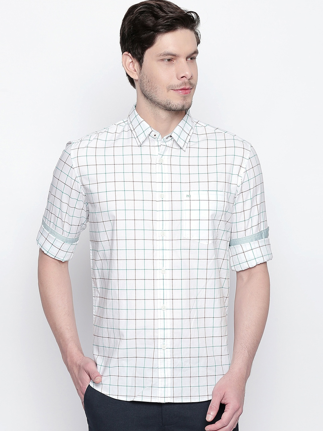 

Basics Men White & Green Slim Fit Checked Casual Shirt