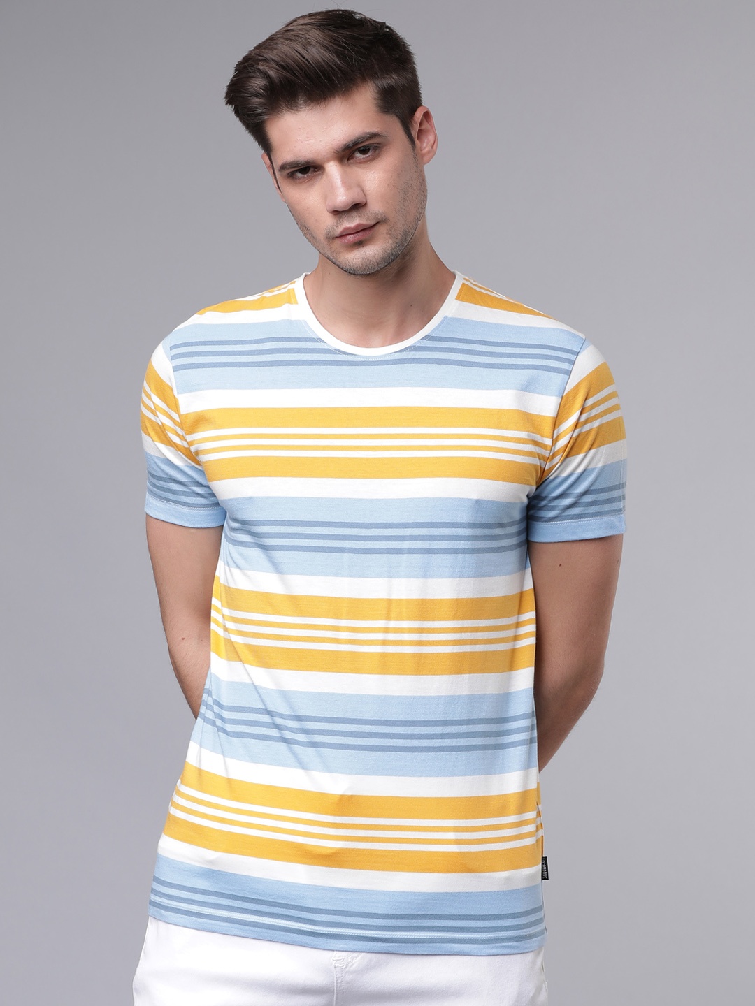 

LOCOMOTIVE Men White Striped Round Neck T-shirt