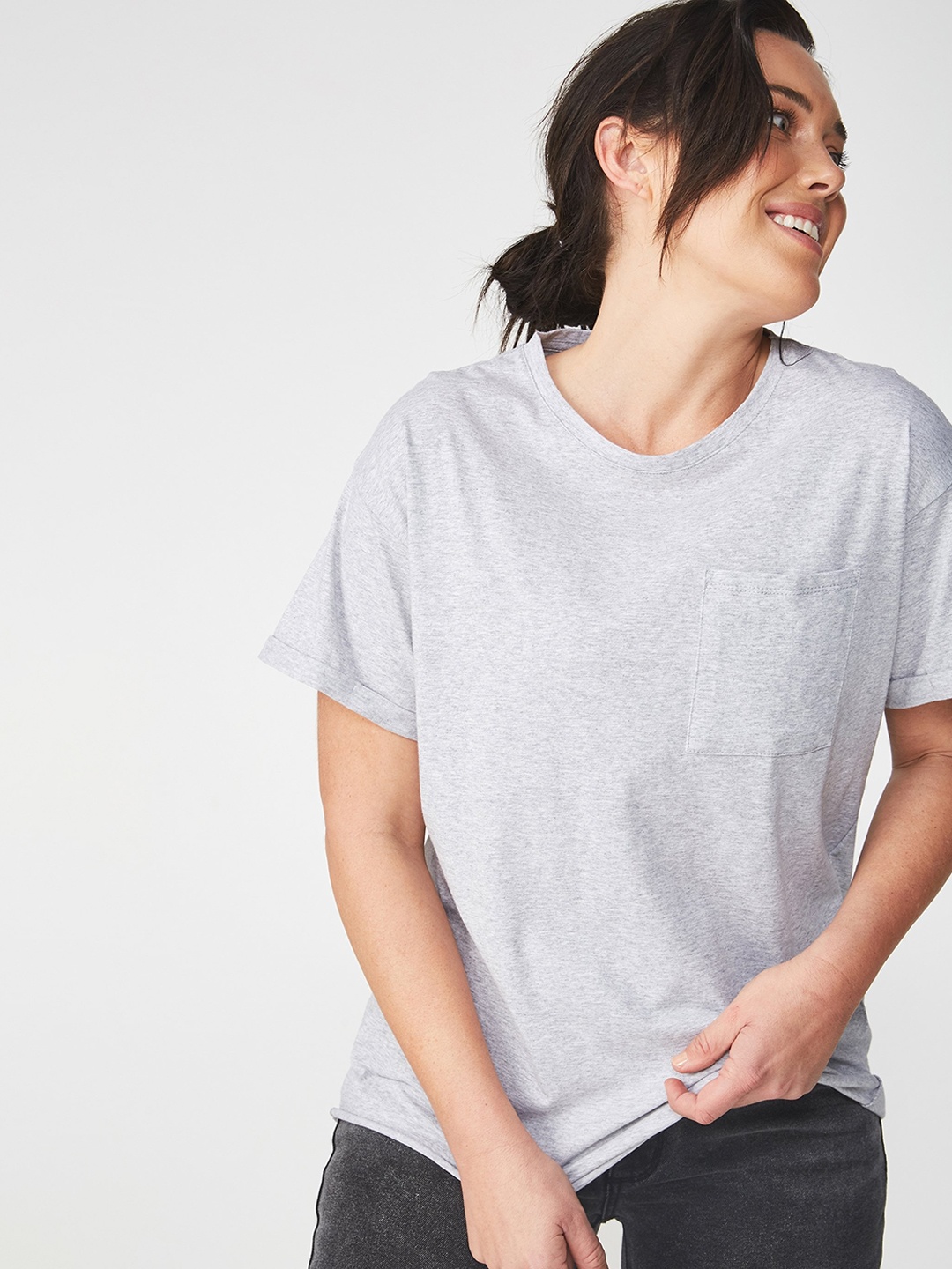 

COTTON ON Women Grey Solid Round Neck T-shirt