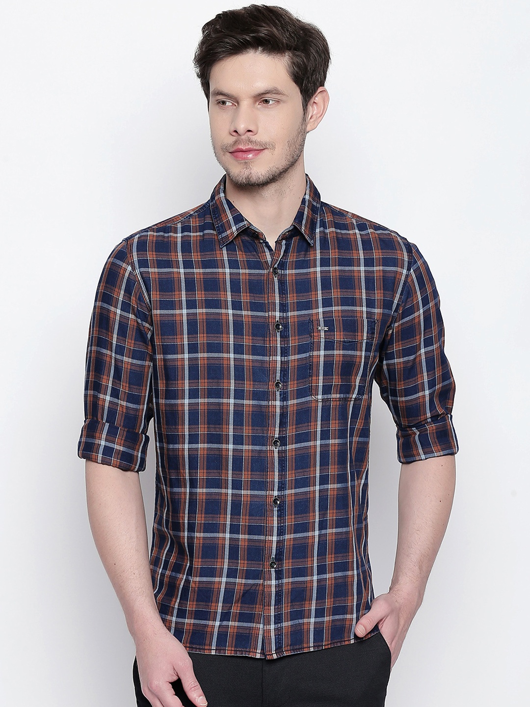 Basics Men Brown & Navy Blue Slim Fit Checked Casual Shirt