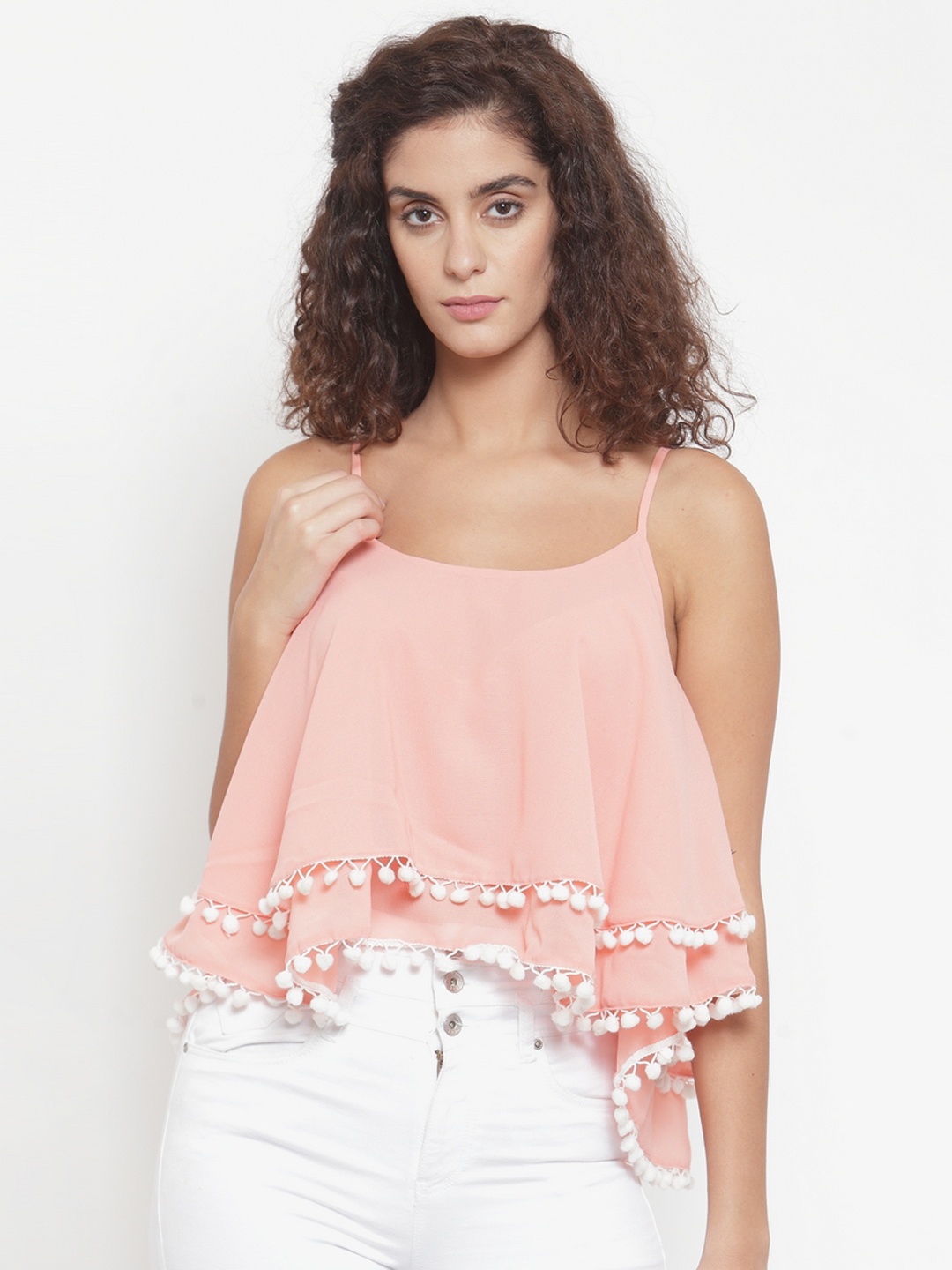 

Purple State Women Peach-Coloured Solid Tiered Top