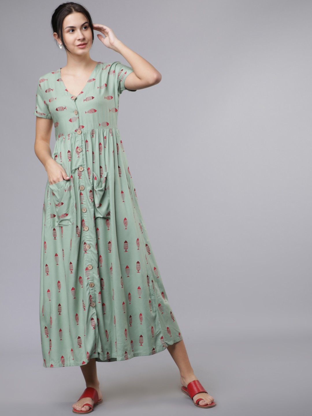 

Vishudh Women Green Printed A-Line Dress