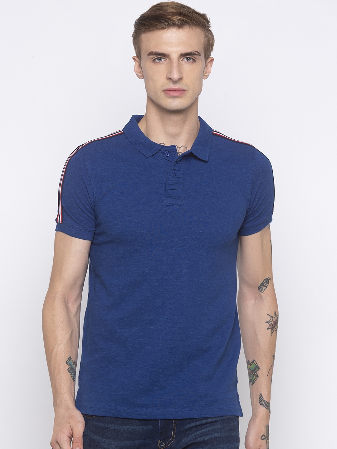 

Globus Men Blue Solid Polo Collar T-shirt