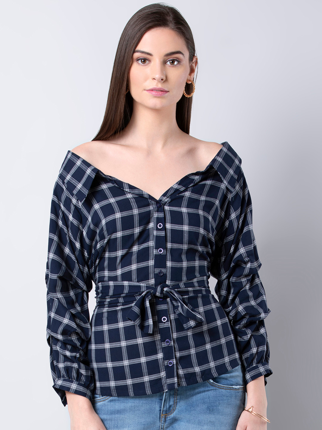 

FabAlley Women Blue Checked Shirt Style Pure Cotton Top