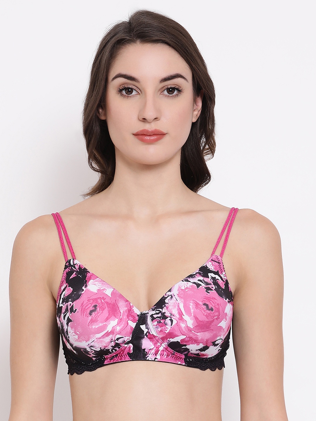 

Clovia Black & Pink Printed Non-Wired Lightly Padded T-shirt Bra BR1874M13
