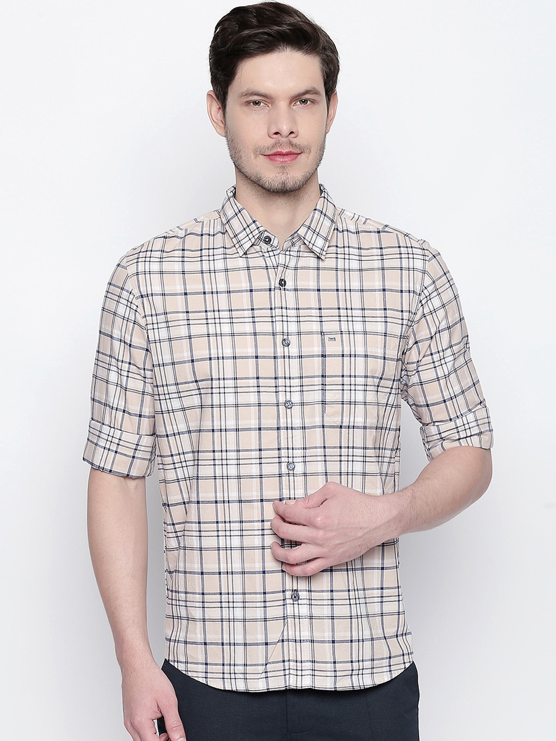 

Basics Men Beige & White Oxford Slim Fit Checked Casual Shirt