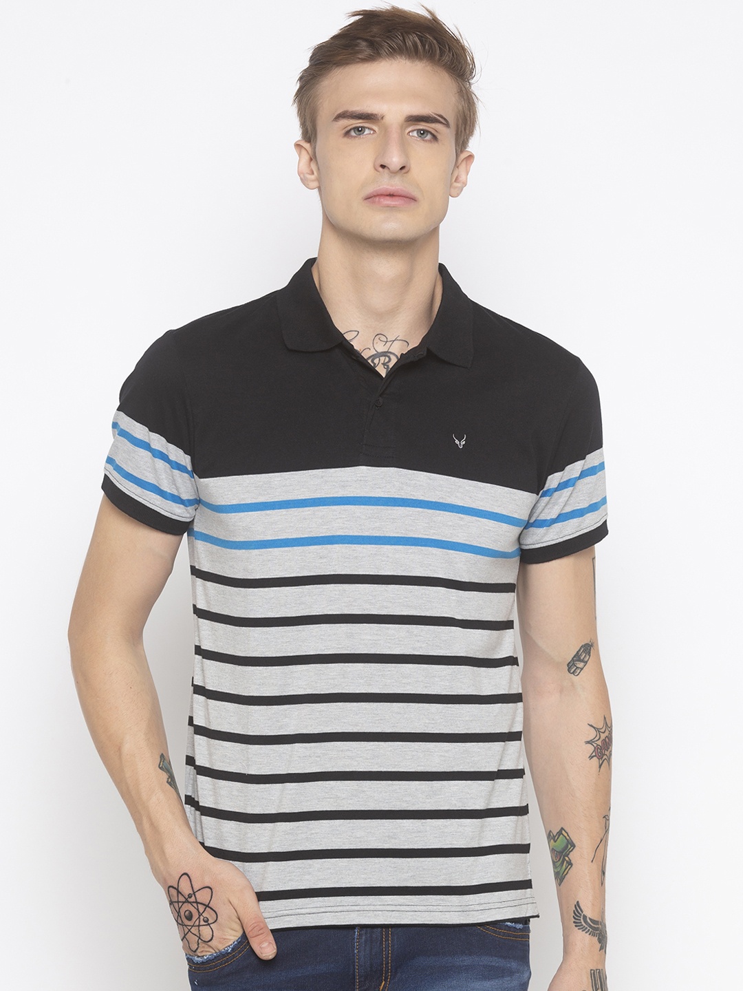 

Globus Men Grey & Black Slim Fit Striped Polo Collar T-shirt