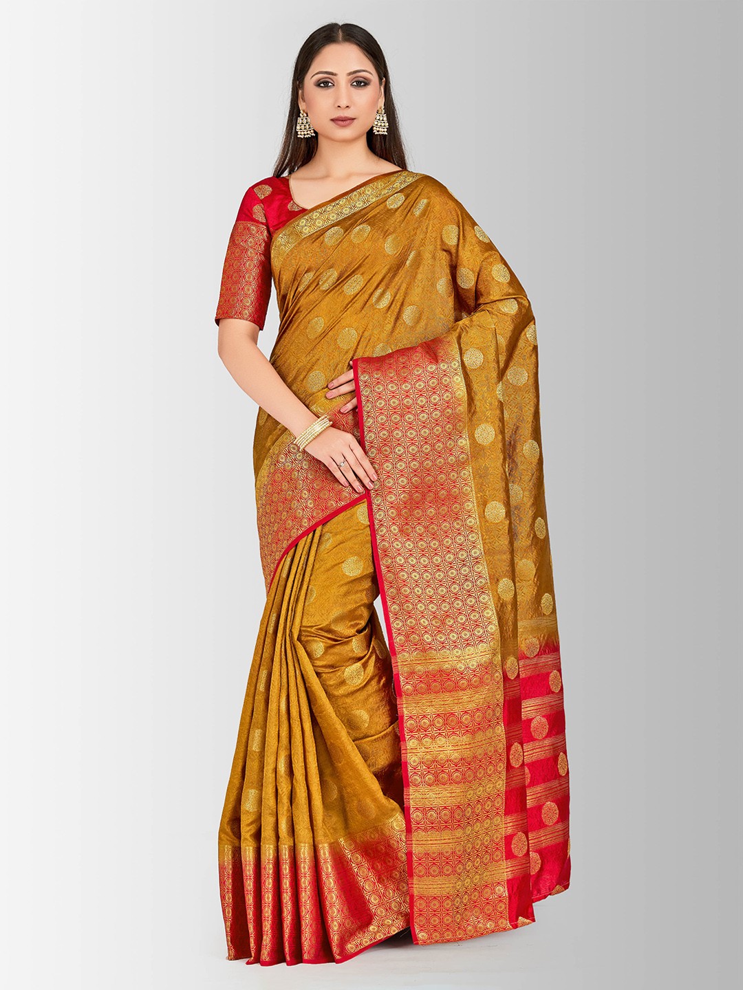 

MIMOSA Mustard Yellow & Red Art Silk Woven Design Kanjeevaram Saree