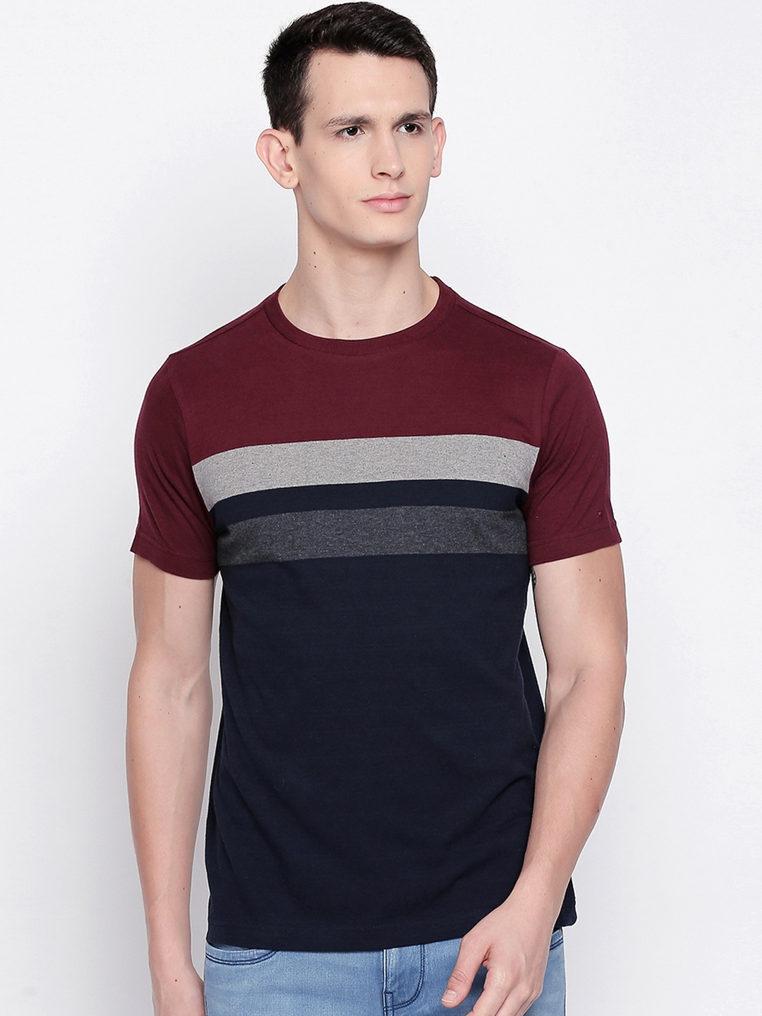 

Basics Men Navy Blue Striped Round Neck T-shirt