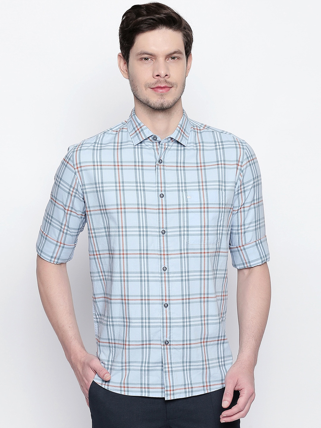 

Basics Men Blue & Grey Slim Fit Checked Casual Shirt