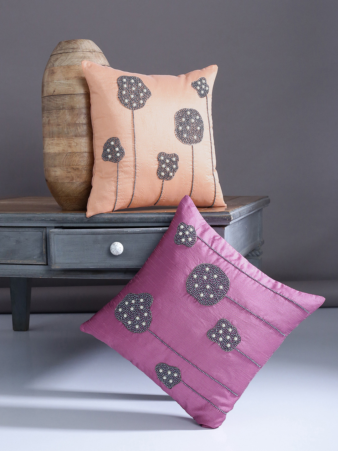 

Alina decor Peach-Coloured & Pink Set of 2 Embroidered Square Cushion Covers