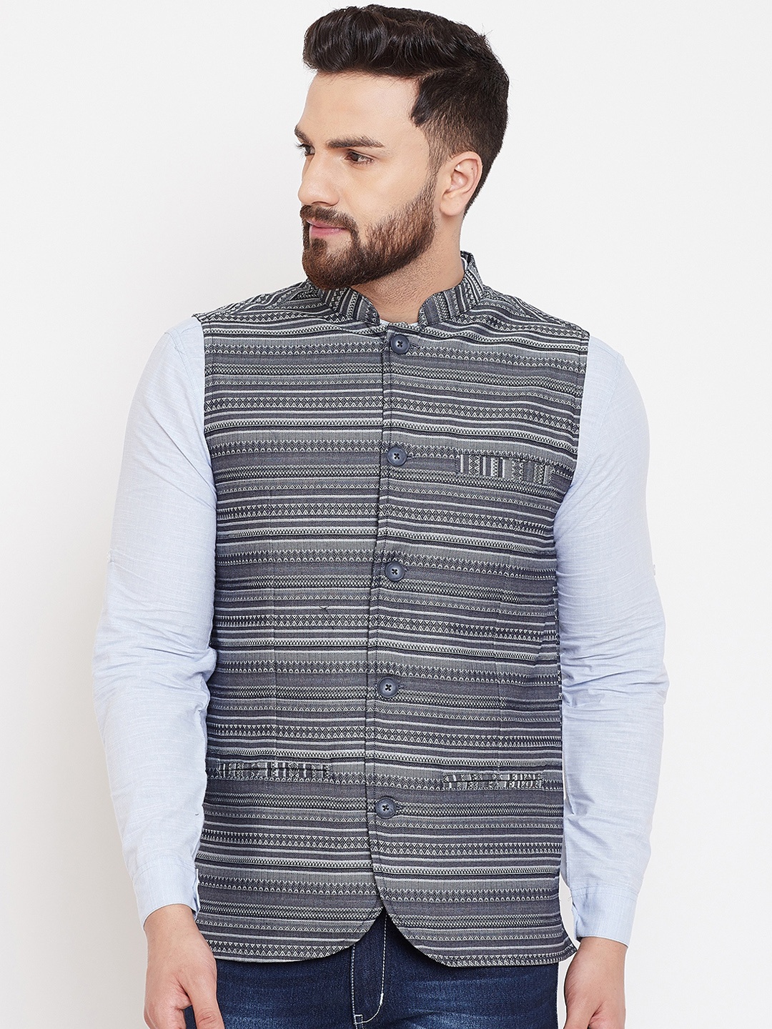 

even Men Grey Printed Woven Pure Cotton Nehru Jacket