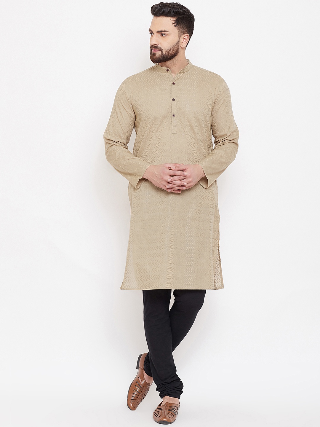 

even Men Beige Woven Design Straight Kurta