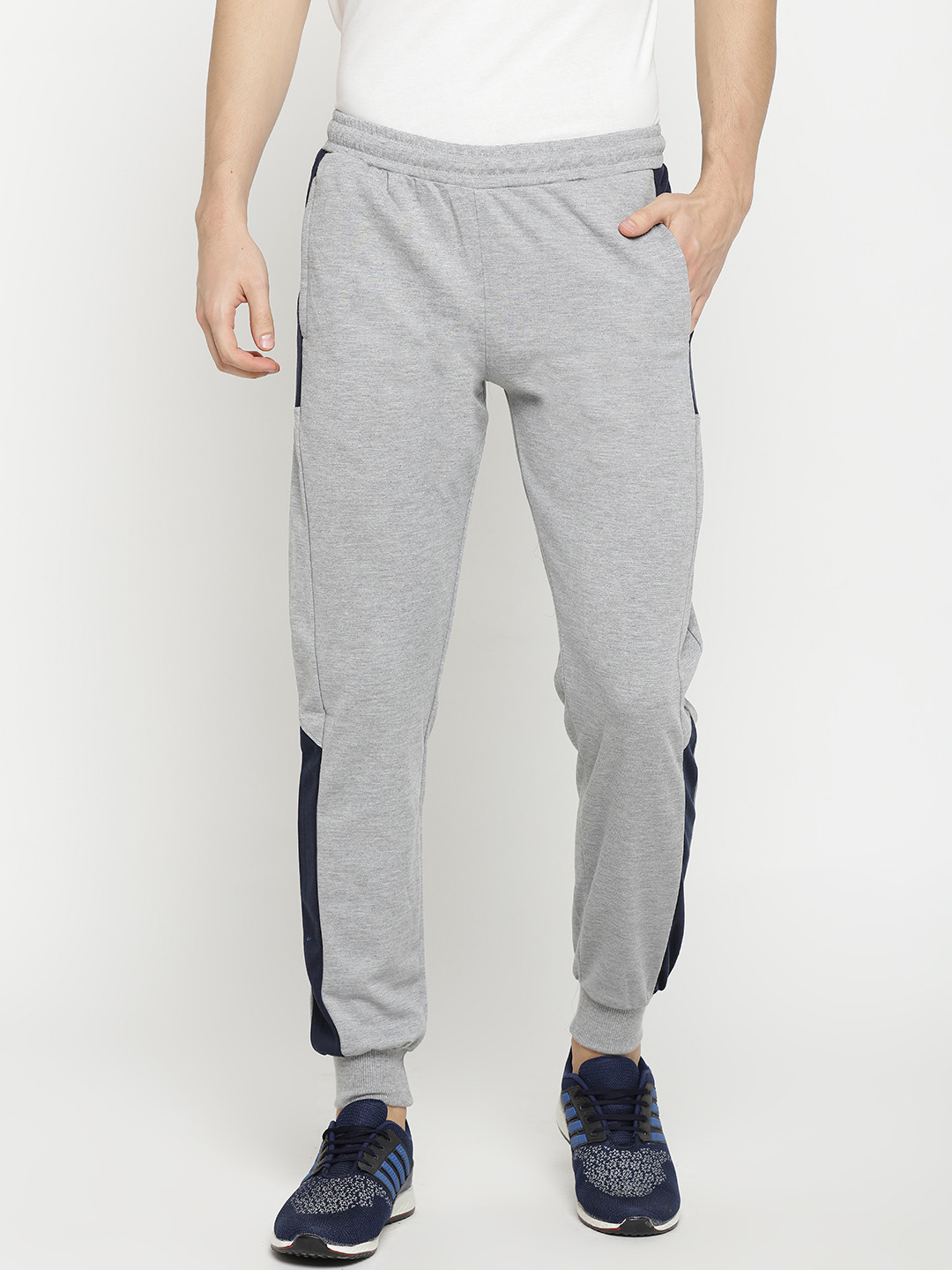 

FILA Men Grey Melange & Navy Blue Colourblocked Slim-Fit Joggers