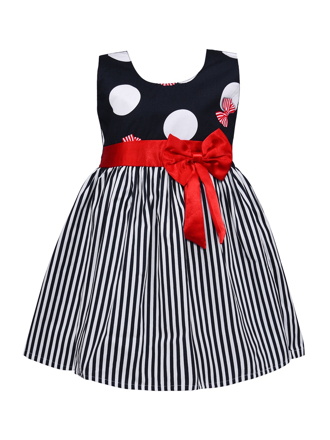 Wish Karo Girls Navy Blue & White Striped Fit and Flare Dress