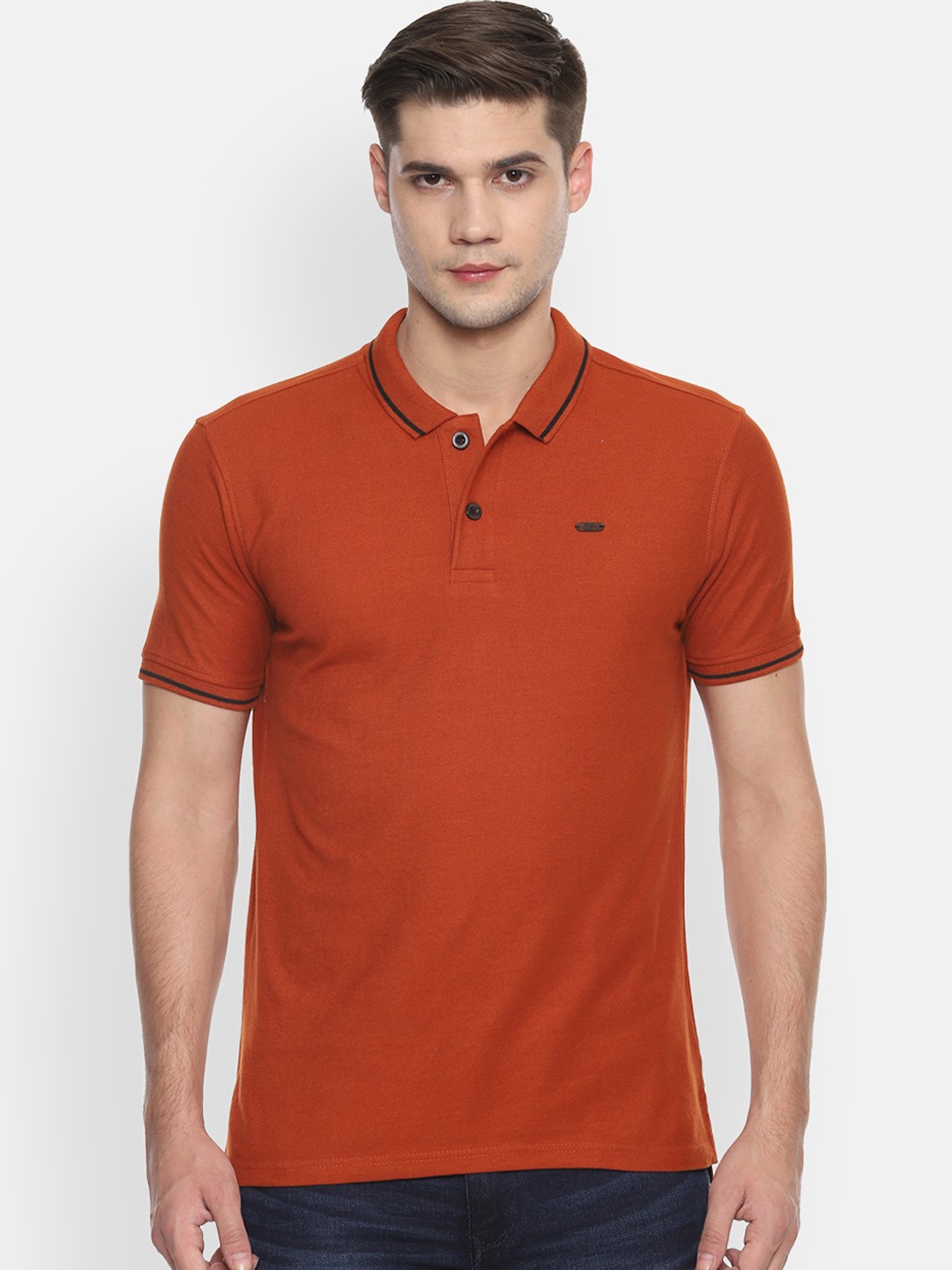 

People Men Rust Orange Solid Polo Collar T-shirt