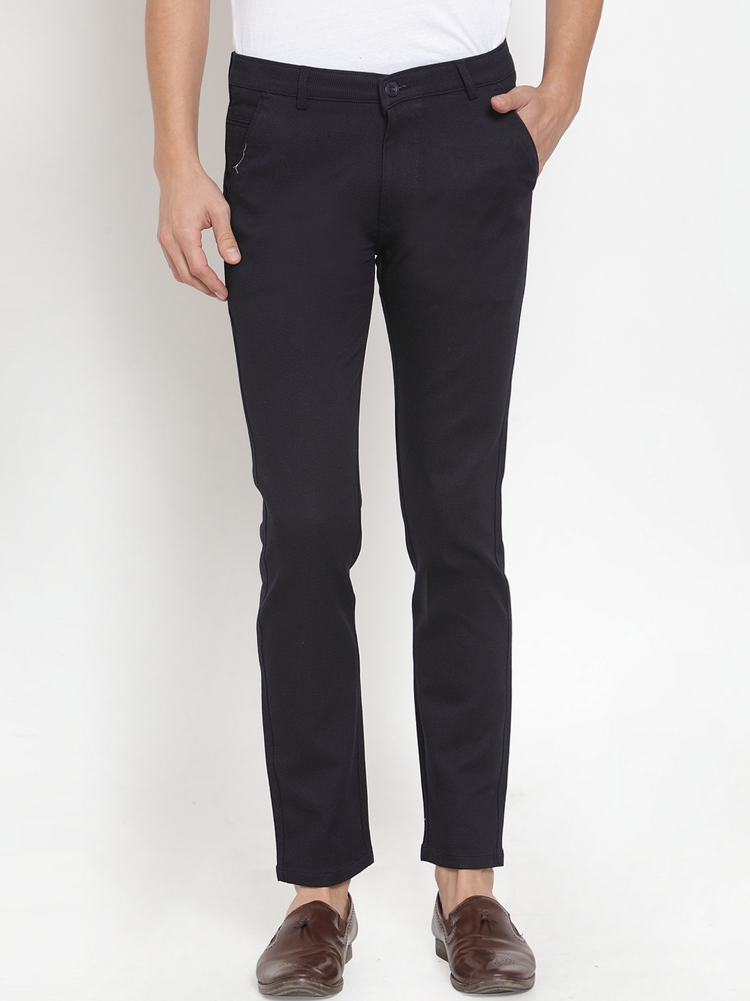 

Rodamo Men Navy Blue Slim Fit Solid Regular Trousers