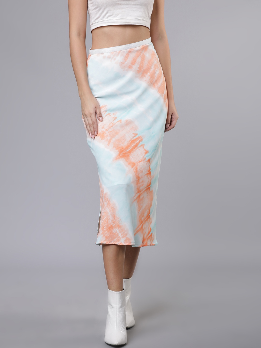 

Tokyo Talkies Women Peach-Coloured & Blue Tie-And-Dye Pencil Midi Georgette Skirt