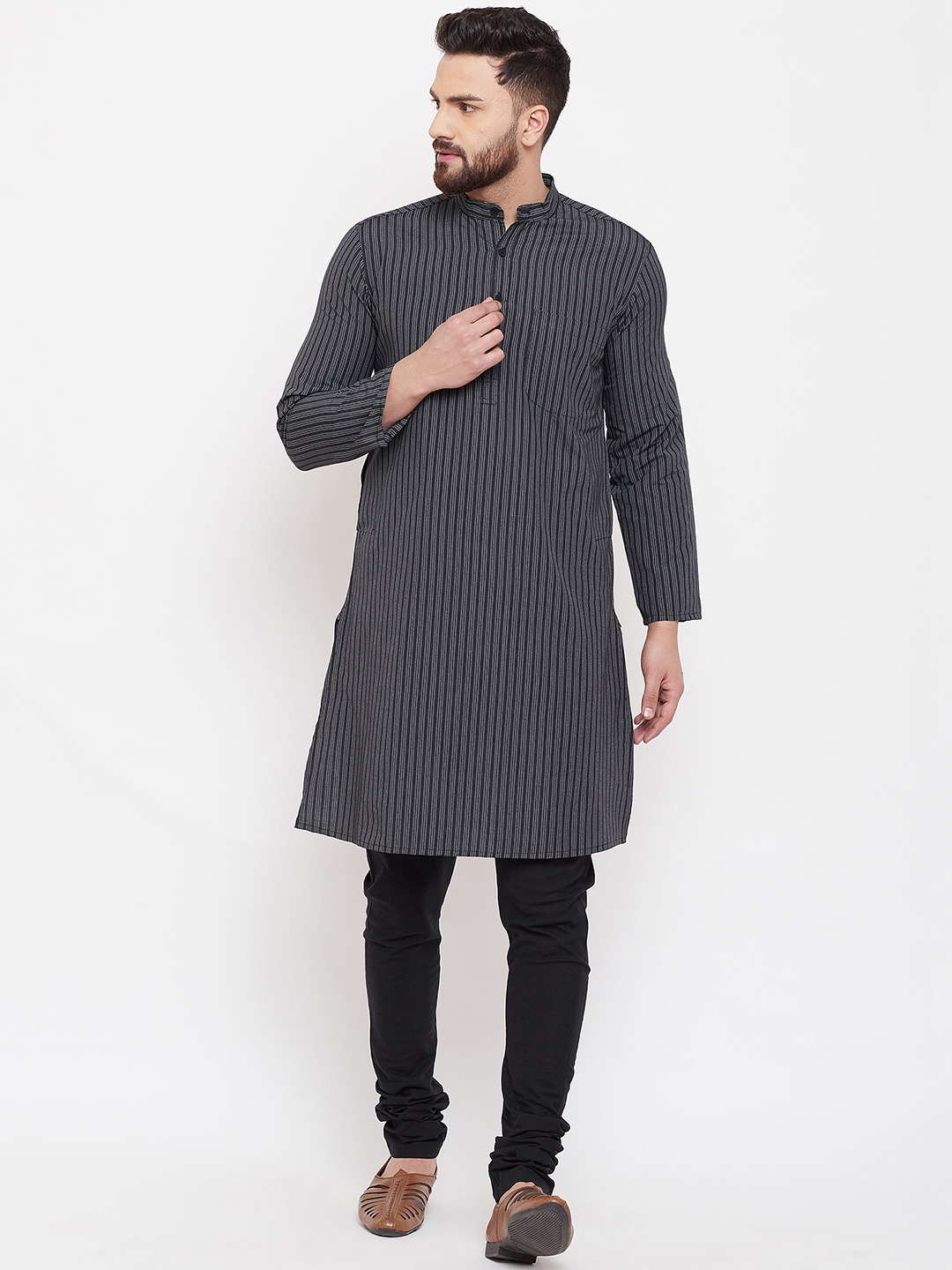 

even Men Black & Grey Striped Straight Kurta