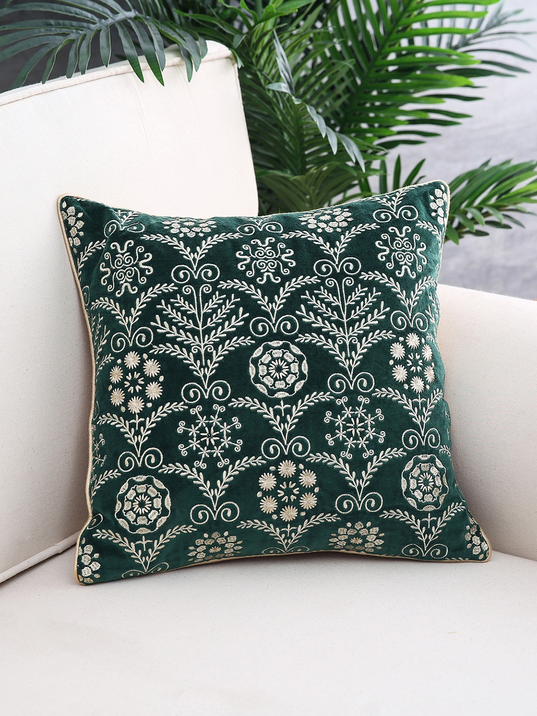 

Pure Home and Living Green & White Single Embroidered Ethnic Motifs Square Cushion Cover