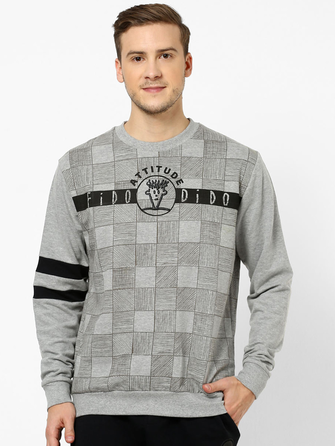 

FIDO DIDO Men Grey Melange & Black Checked Pullover Sweatshirt