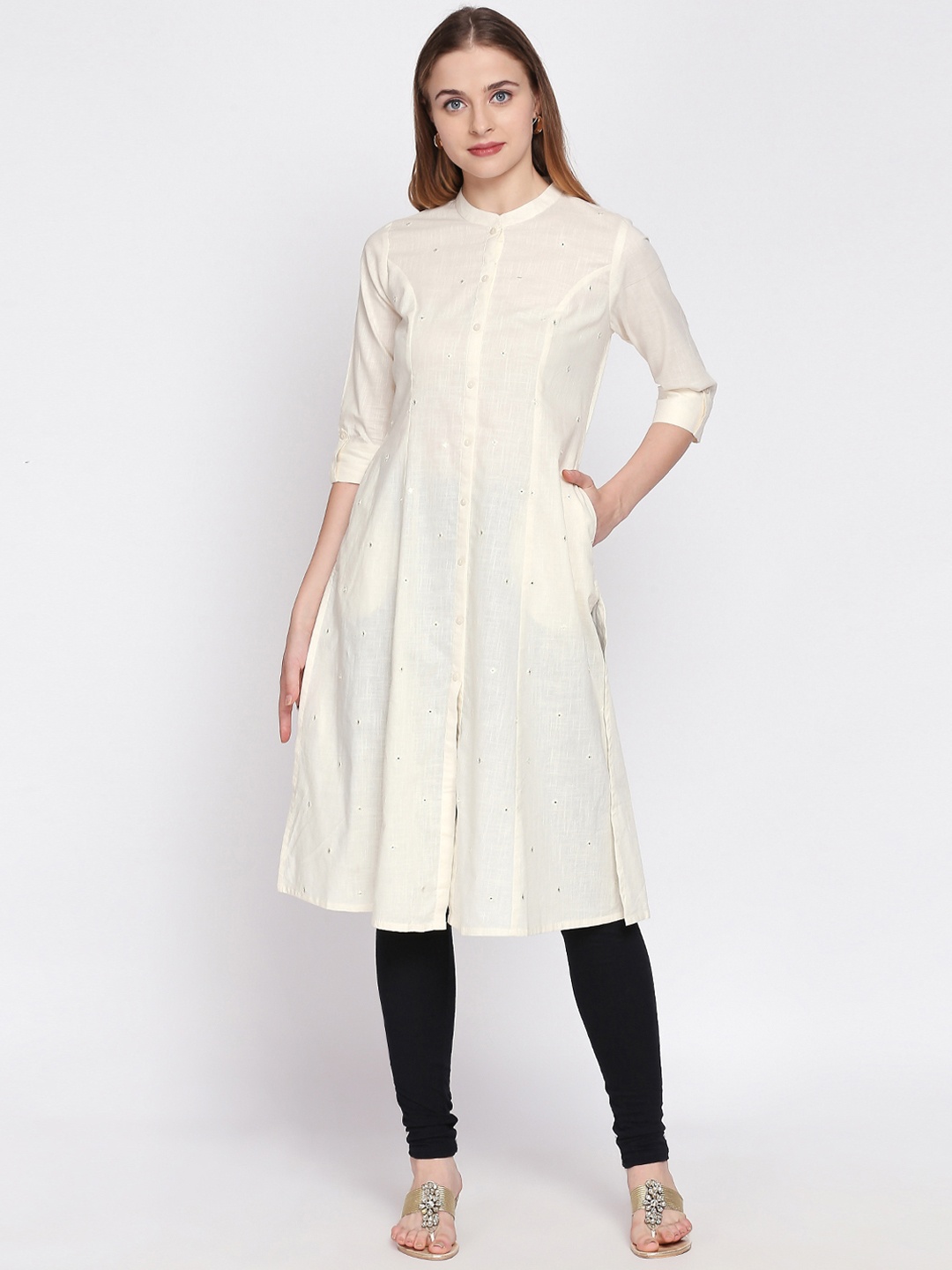 

RANGMANCH BY PANTALOONS Women Off-White Embroidered A-Line Kurta, Cream