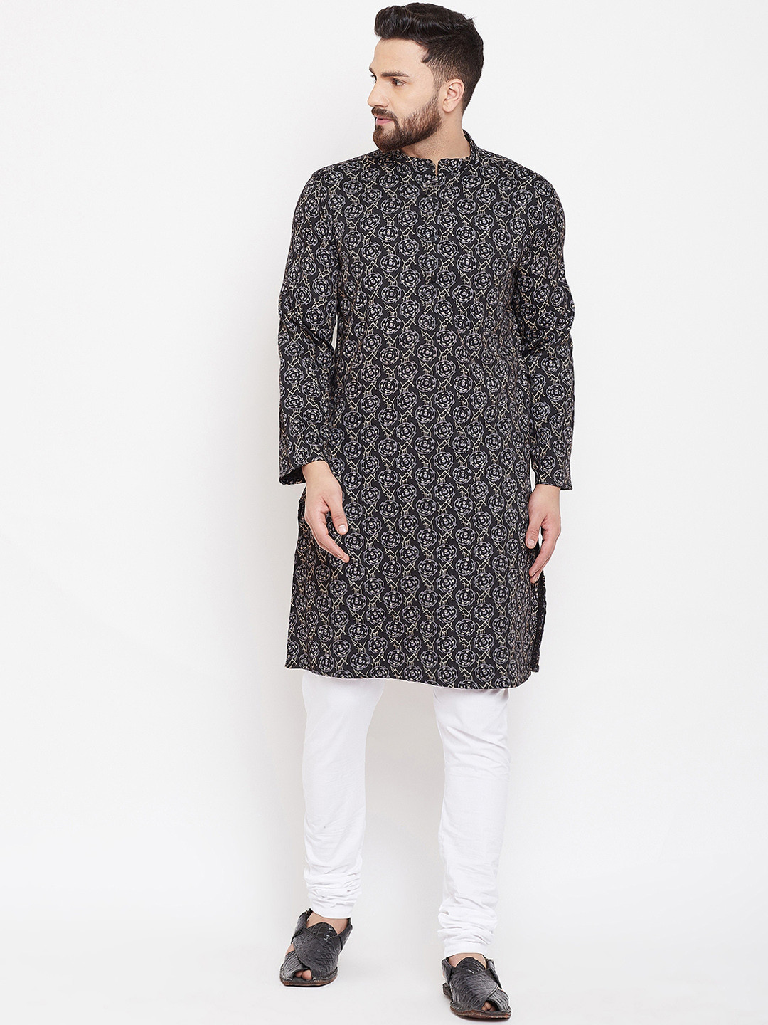 

even Men Black Printed Straight Kurta