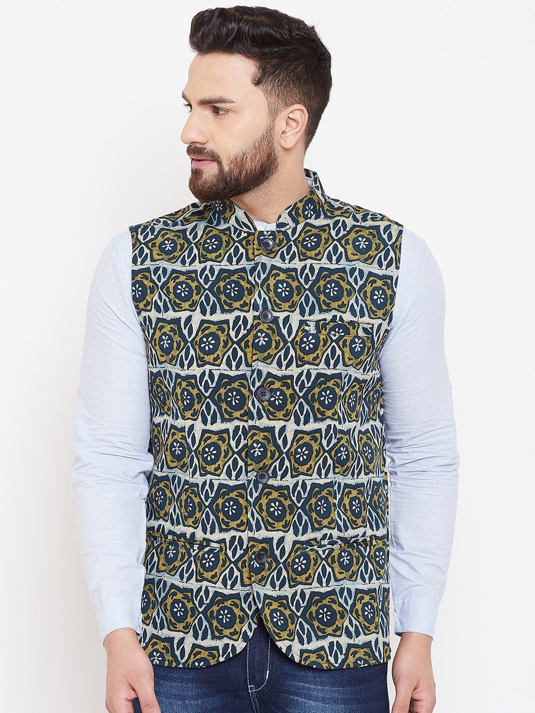 

even Men Green & Blue Printed Woven Nehru Jacket