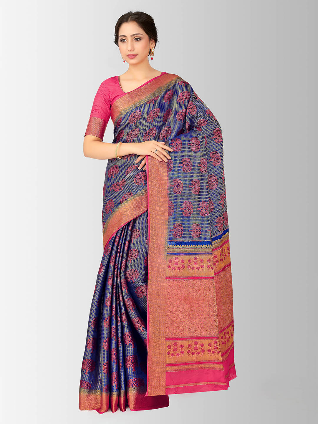 

MIMOSA Blue & Pink Art Silk Woven Design Kanjeevaram Saree