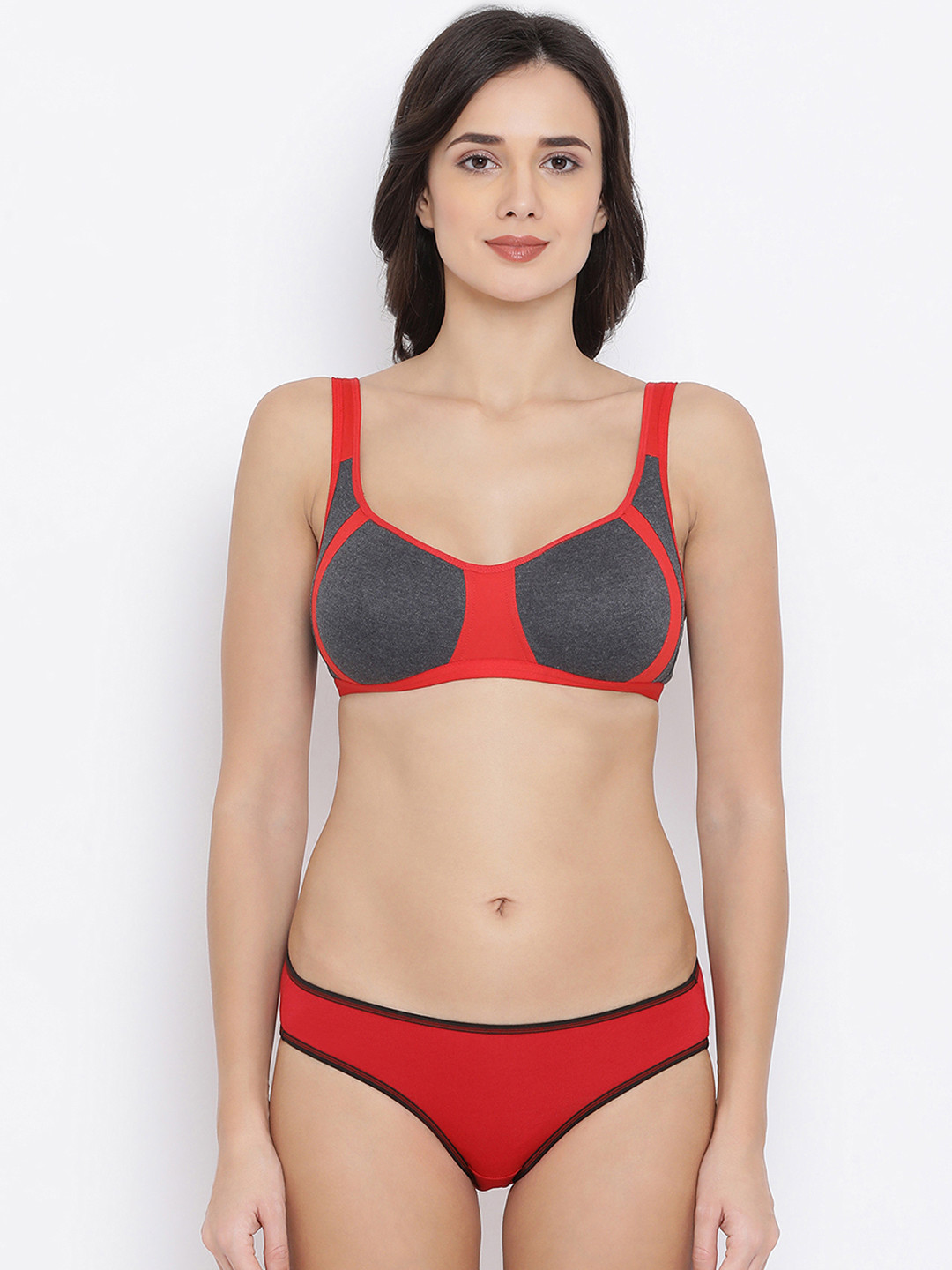 

Clovia Women Red & Grey Colourblocked Lingerie Set COMBBP72132B