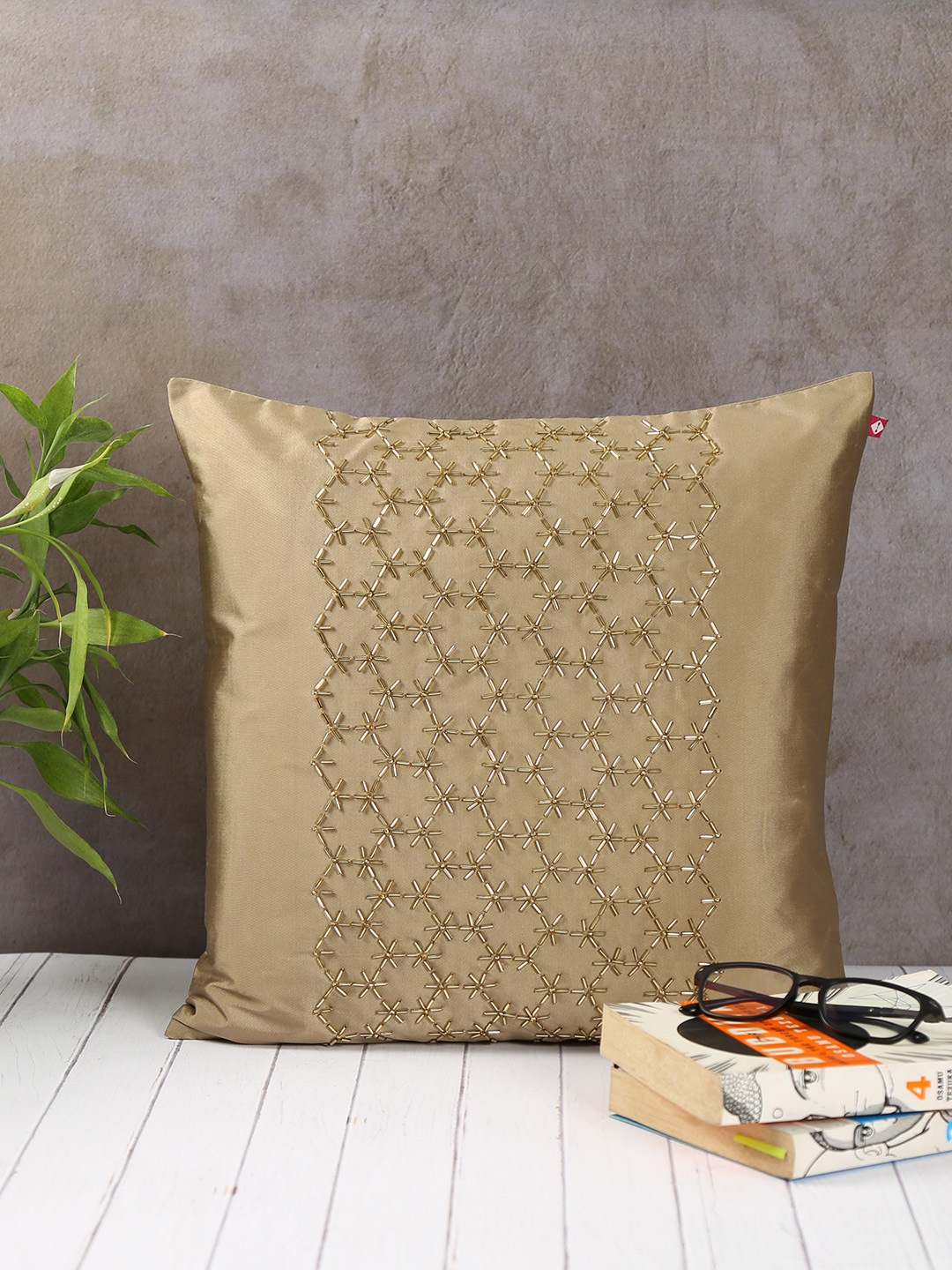 

India Circus by Krsnaa Mehta Gold-Toned Single Embellished Square Cushion Covers