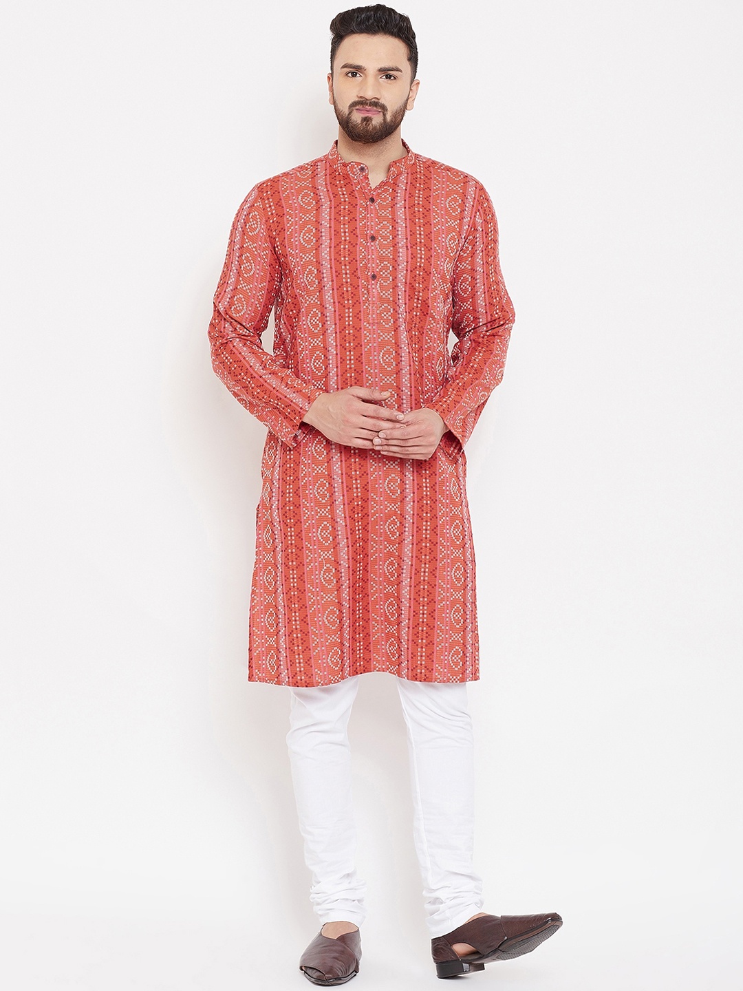 

even Men Rust Red & White Woven Design Straight Kurta