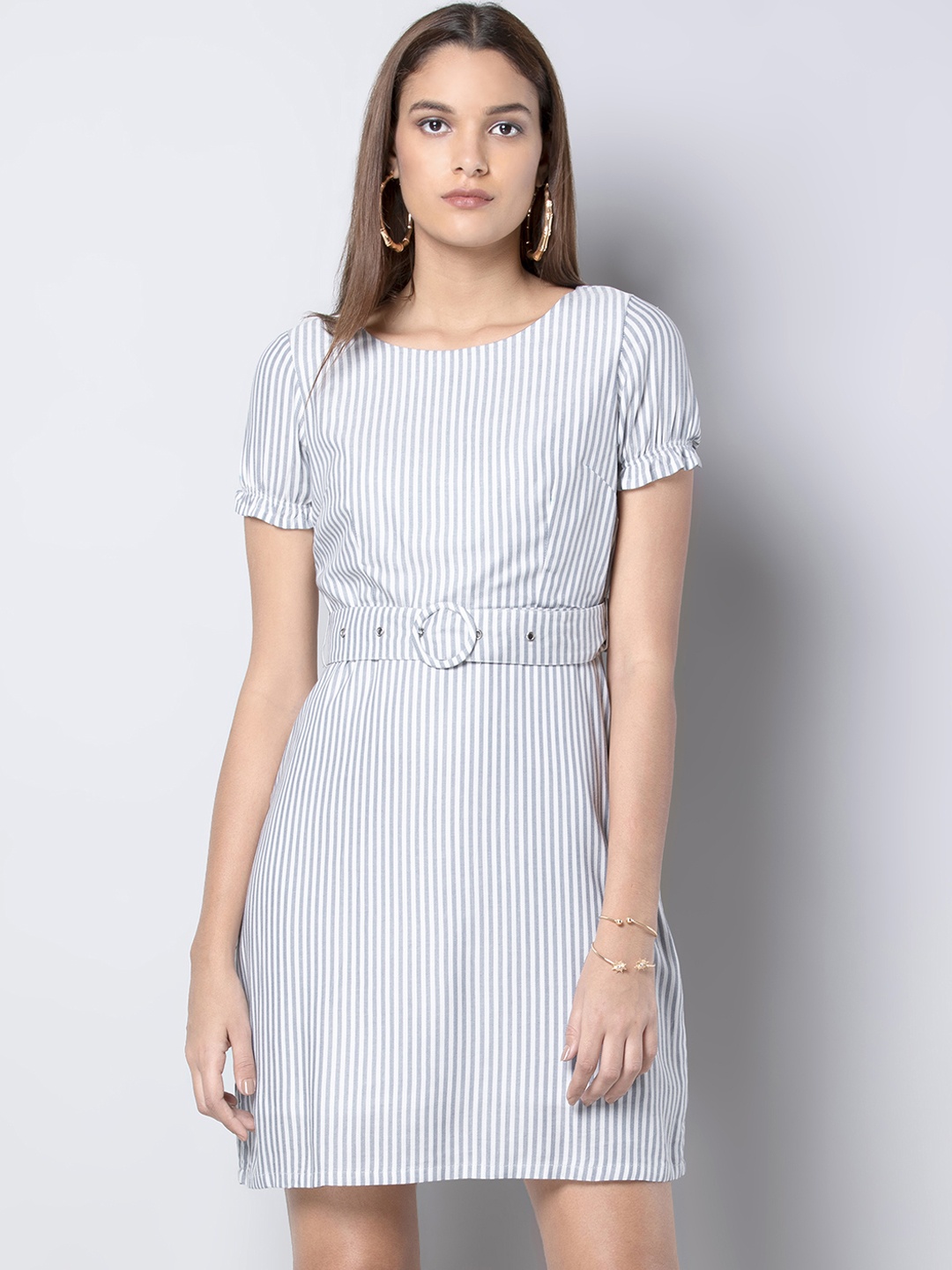 

FabAlley Women White Striped Fit and Flare Dress