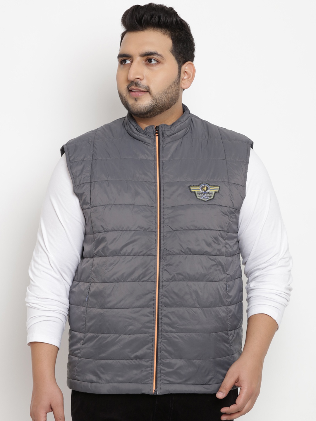 

John Pride Plus Size Men Grey Solid Padded Sleeveless Jacket