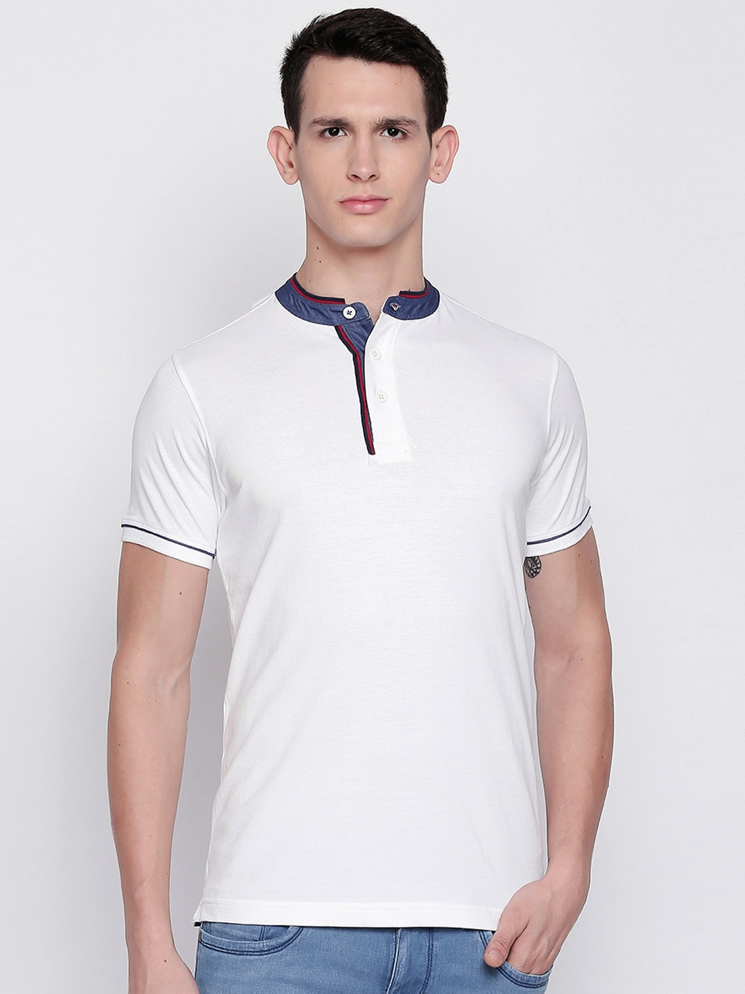 

Basics Men White Solid Mandarin Collar Pure Cotton T-shirt