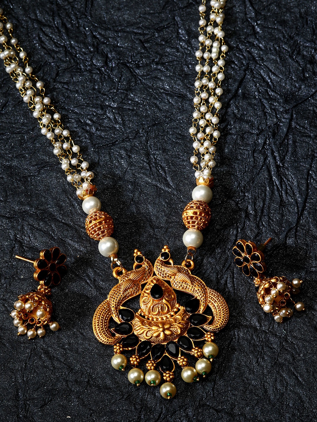 

ANIKAS CREATION Gold-Plated & Black Stone-Studded Peacock Shape Temple Jewellery Set