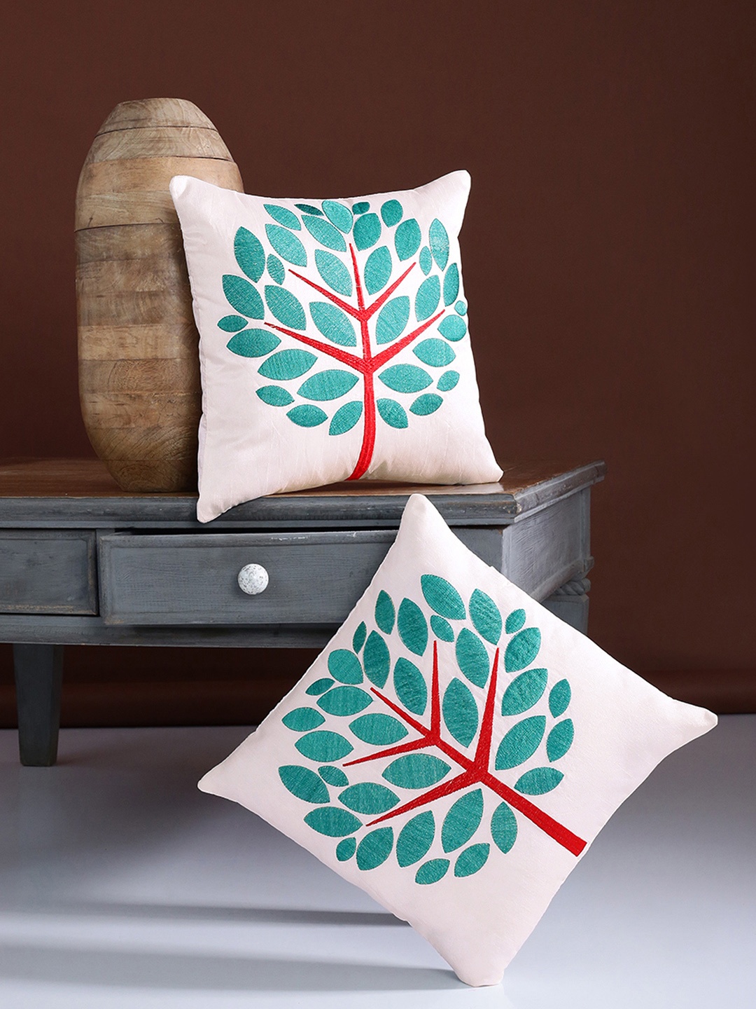 

Alina decor Beige & Green Set of 2 Embroidered Square Cushion Covers