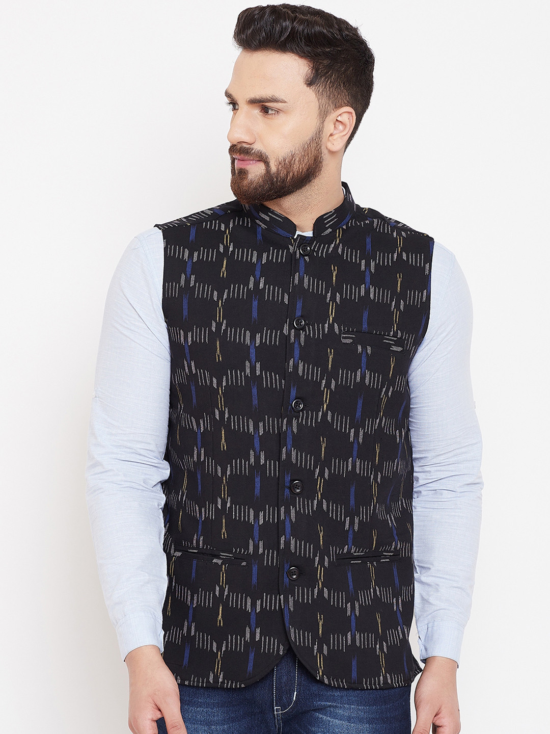 

even Men Black & Grey Printed Woven Nehru Jacket