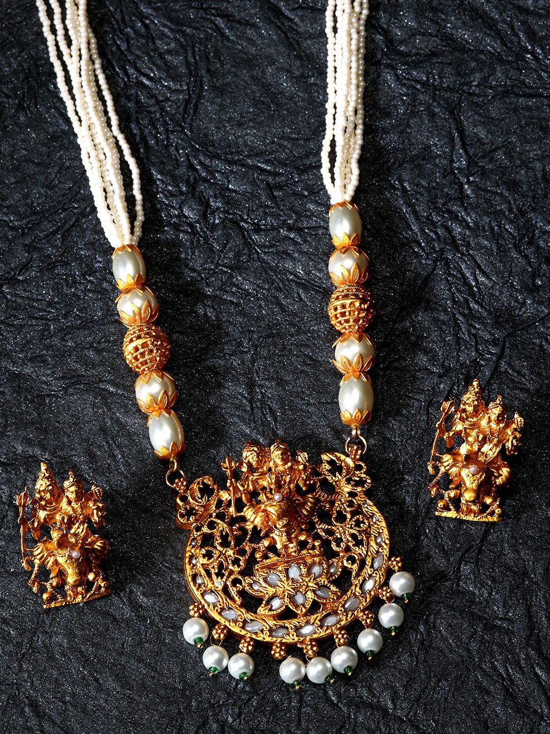 

ANIKAS CREATION Gold-Plated & White Beaded Maa Laxmi Temple Jewellery Set