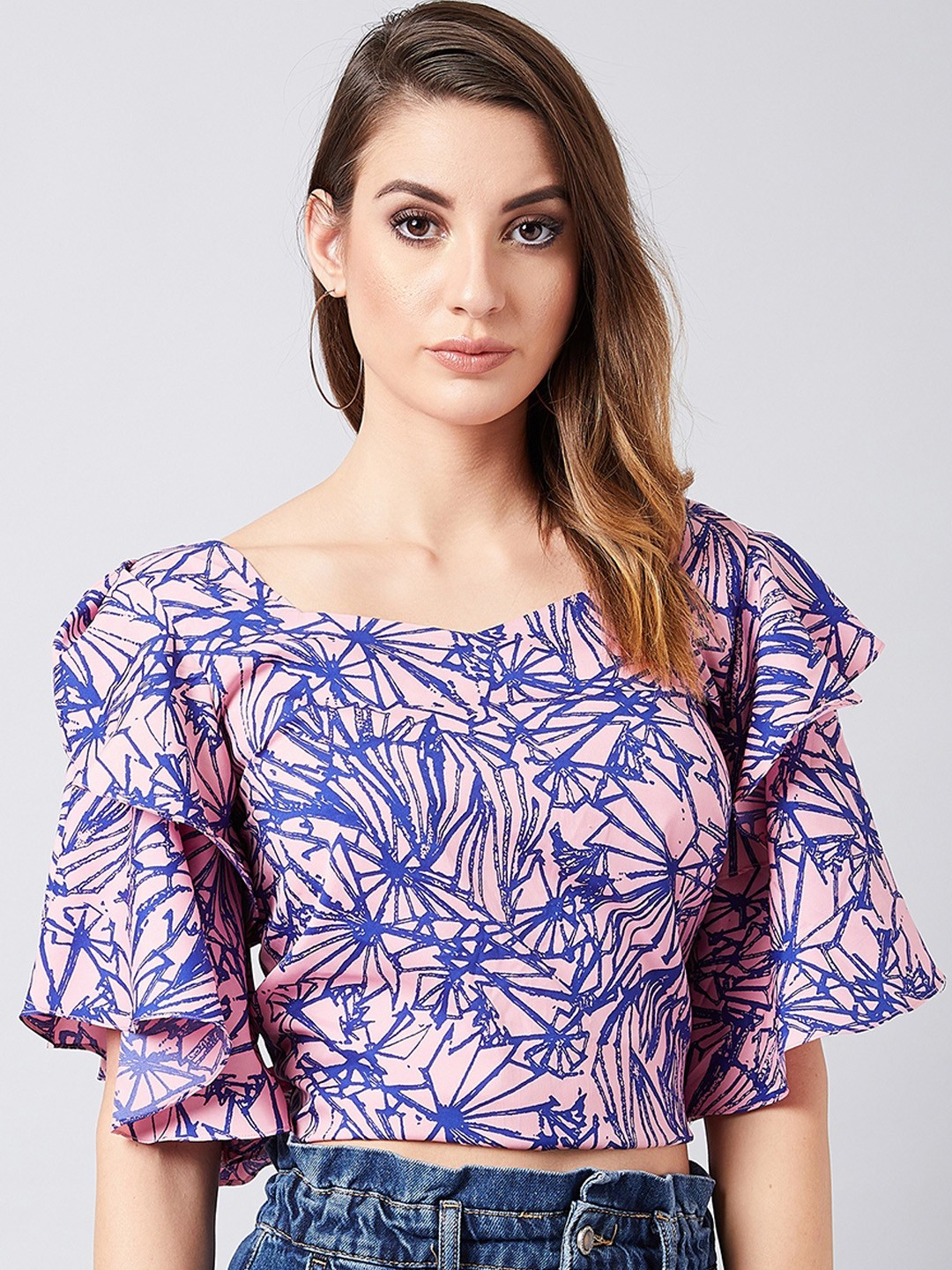 

Athena Women Pink & Blue Printed Styled Back Crop Top